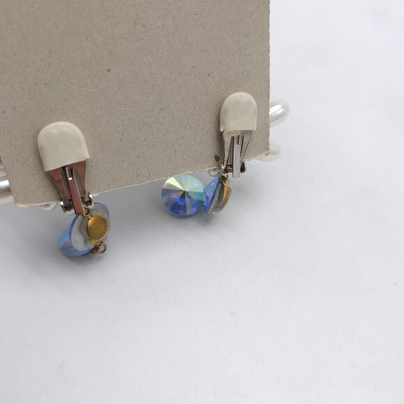 Vintage Faux Pearl Blue Iridescent Crystal Clip-On Dangle Earrings - Picture 4 of 5